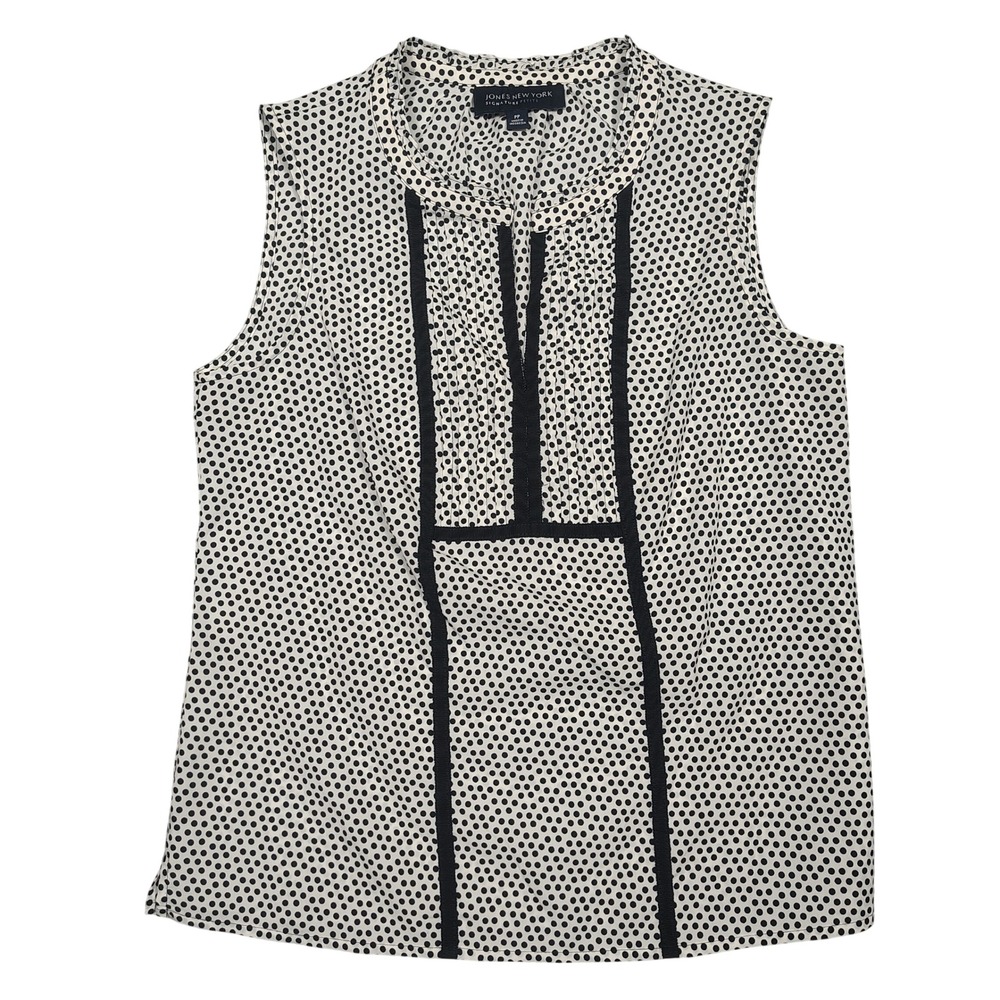 Jones New York Top Womens PP Sleeveless Ruffle Polka Dot Blouse White Black